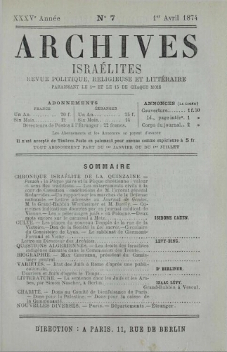 Archives israélites de France. Vol.35 N°07 (01 avr. 1874)